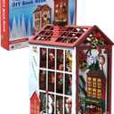 Prextex DIY Christmas Book Nook - 232 Building Pieces - Full Miniature Dollhouse Set with AAA Battery (Not Included) Operated Lights - Complete Toolkit Included - Ideal Holiday Decor for Ages 10+