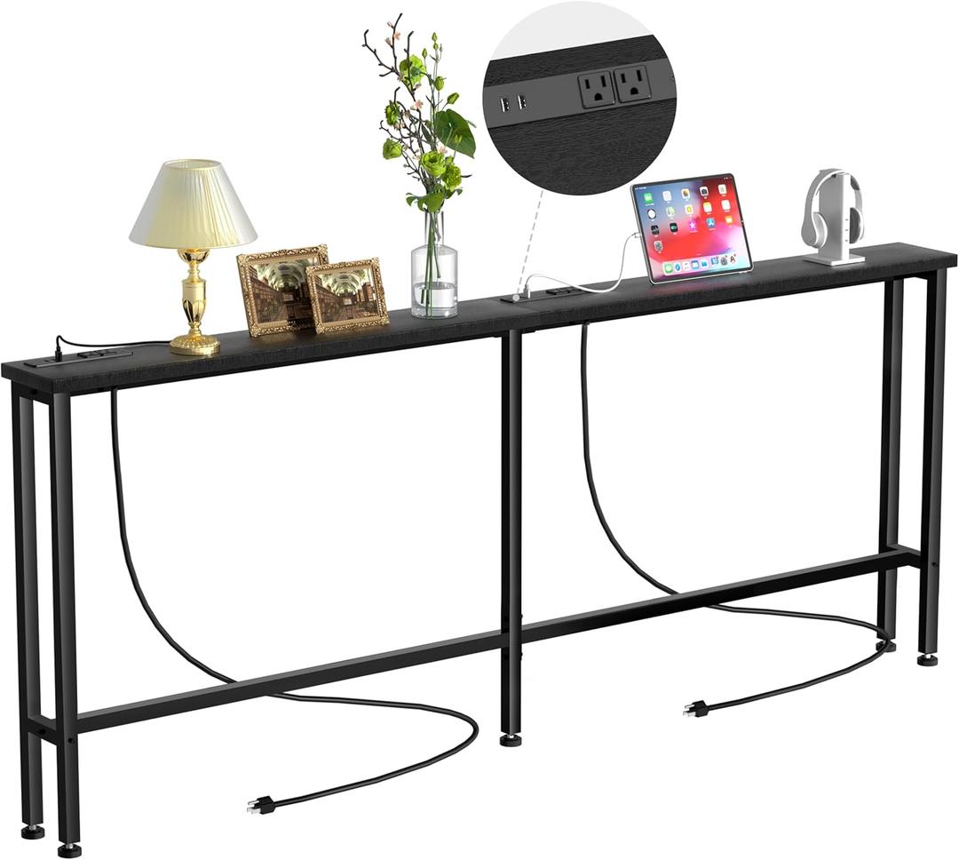 Keelian 90" Narrow Sofa Table - 2 Power Outlets & 4 USB Ports, Metal Frame,Perfect for Hallway, Office, and Behind Sofa - Easy Assembly, 4.9ft Extension Cord Included Black