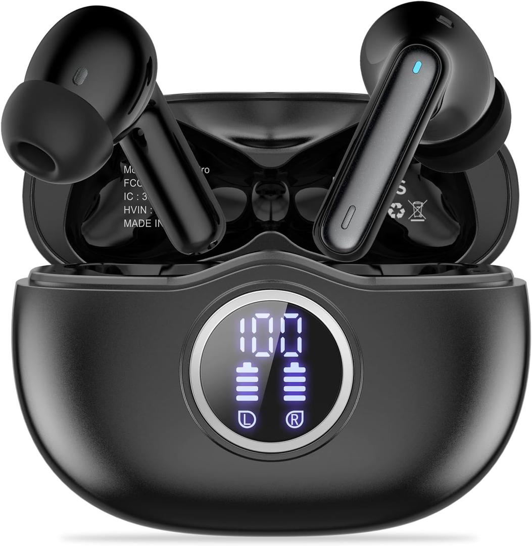 HiFi Stereo Wireless Earbuds, Bluetooth 5.3 with LED Display 50H Playback ENC Noise Canceling IPX7 Waterproof Earphones for Gym/Running/Work