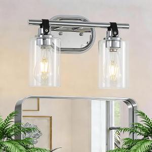 Chuntsone 2-Light Bathroom Light Fixtures, Chrome Bathroom Vanity Lights with Clear Glass Shade, Modern Wall Light Sconce for Mirror Farmhouse Rustic Restroom Kitchen Living Room Hallway