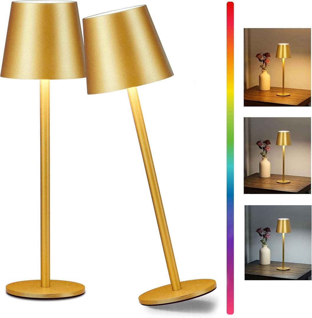 2-Pack Gold RGB Cordless Table Lamp, 5200mAh RGB 8 Modes & Touch Control Rechargeable Battery Desk Lamp, IP54 Waterproof Outdoor Table lamp for Bedroom/Outdoor/Restaurant/Camping/Bars(Gold)