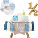 1/2 Birthday Boy Half Birthday Decorations High Chair Banner, 6 Month Girl Tassel Wood Bead Highchair Garland Blue