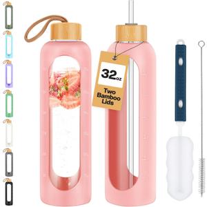 Glass Water Bottles 32 oz - Motivational Drinking Glass Water Bottle with Silicone Sleeve, Straw & 2 Bamboo Lids - 1 Liter Clear Borosilicate Daily Intake Tumbler with Time Marker - Pink