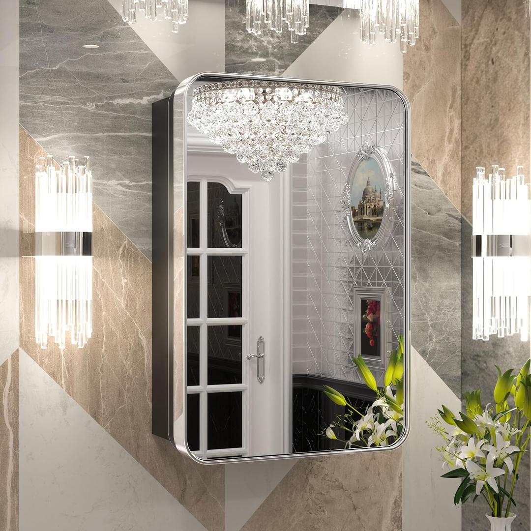 Keonjinn 16"x24" Chrome Medicine Cabinet with Mirror, Stainless Steel Frame