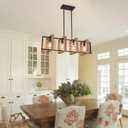 Dining Room Light Fixture Farmhouse Pendant Lights Kitchen Island Rustic Kitchen Light Fixtures 4 Lights Wood and Black Metal Rectangular Chandelier Ceiling Hanging Lighting 35.4"