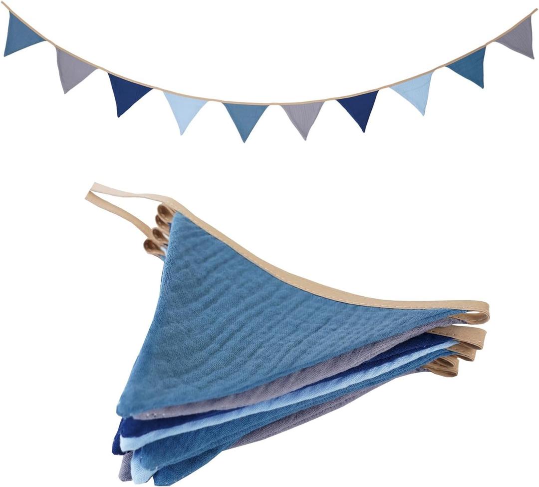 Garland Triangle Banners Blue and Grey, Pennant Banner Bunting Flags Fabric for Baby Shower Birthday Party Decorations Nursery Playroom Decor(Blue grey) (1PCS)