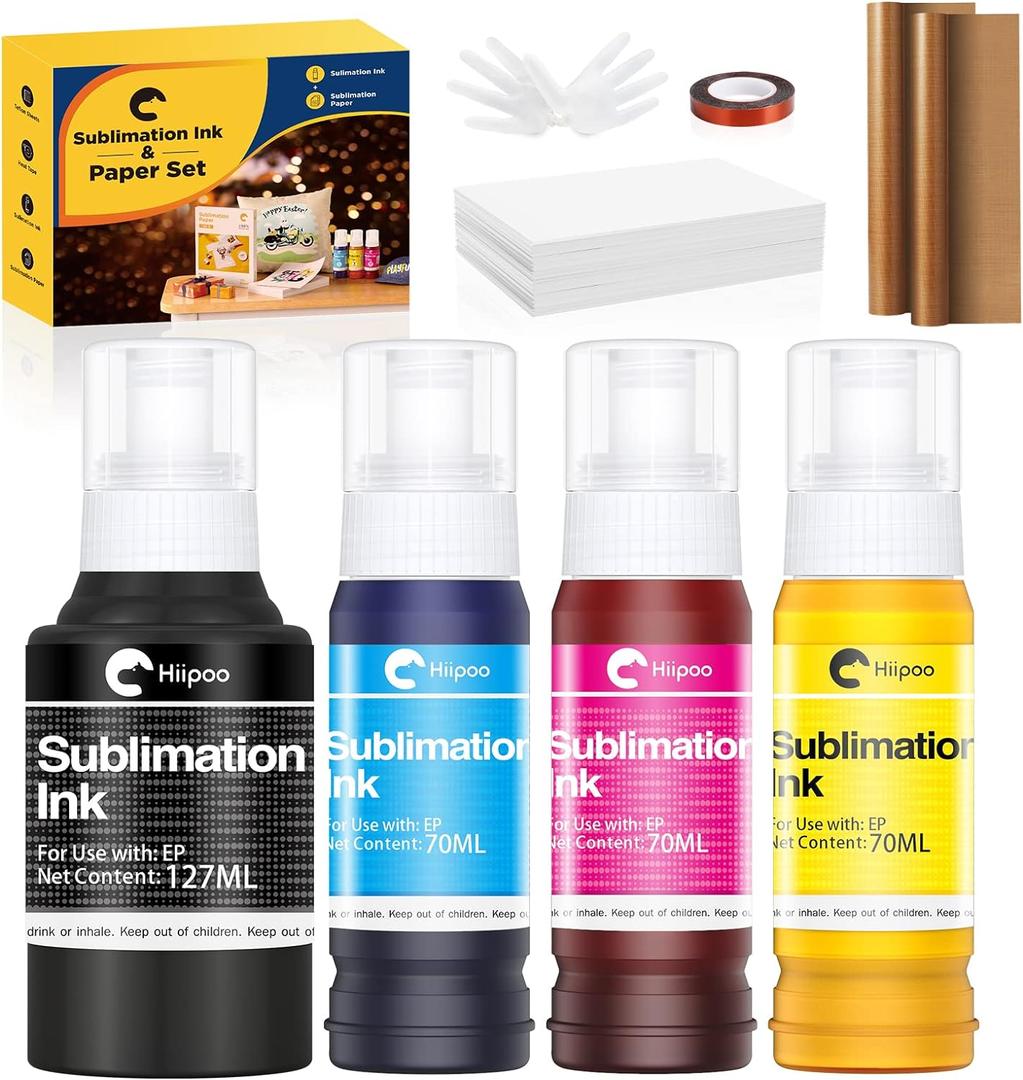 Hiipoo Sublimation Ink Set with 110 Sheet Sublimation Paper 8.5x11 120G, 2 Pack Teflon Sheet, Heat Tape Compatible for Inkjet Printer ET-2720 ET-2760 ET-2800 ET-2803 ET-2400 ET-4700 ET-4800 ET-15000