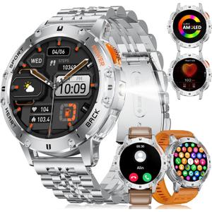 Smart Watches for Men(3 Straps),1,43'' AMOLED Military Smart Watch for Men with LED Flashlight/530mAh Large Battery/5ATM Waterproof,Fitness Tracker Smartwatch with Answer/Make Call Silver