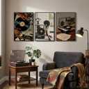 Framed African American Canvas Wall Art Set of 3, Modern Black Woman Record Music Artwork Prints, Black Girl Black Art Wall Decor for Living Room Bedroom Hallway or Music Room Decor, 16x24 Inch, 16"W x 24"H x 3Pcs