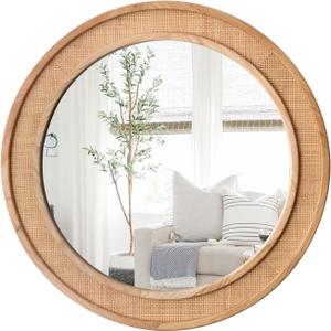 Round Rattan Mirror, 30" Circle Wall Mirror, Farmhouse Wooden Vanity Mirror with Handmade Wicker Frame, Decorative Boho Mirror for Nursery Bedroom Living Room Entryway Nature
