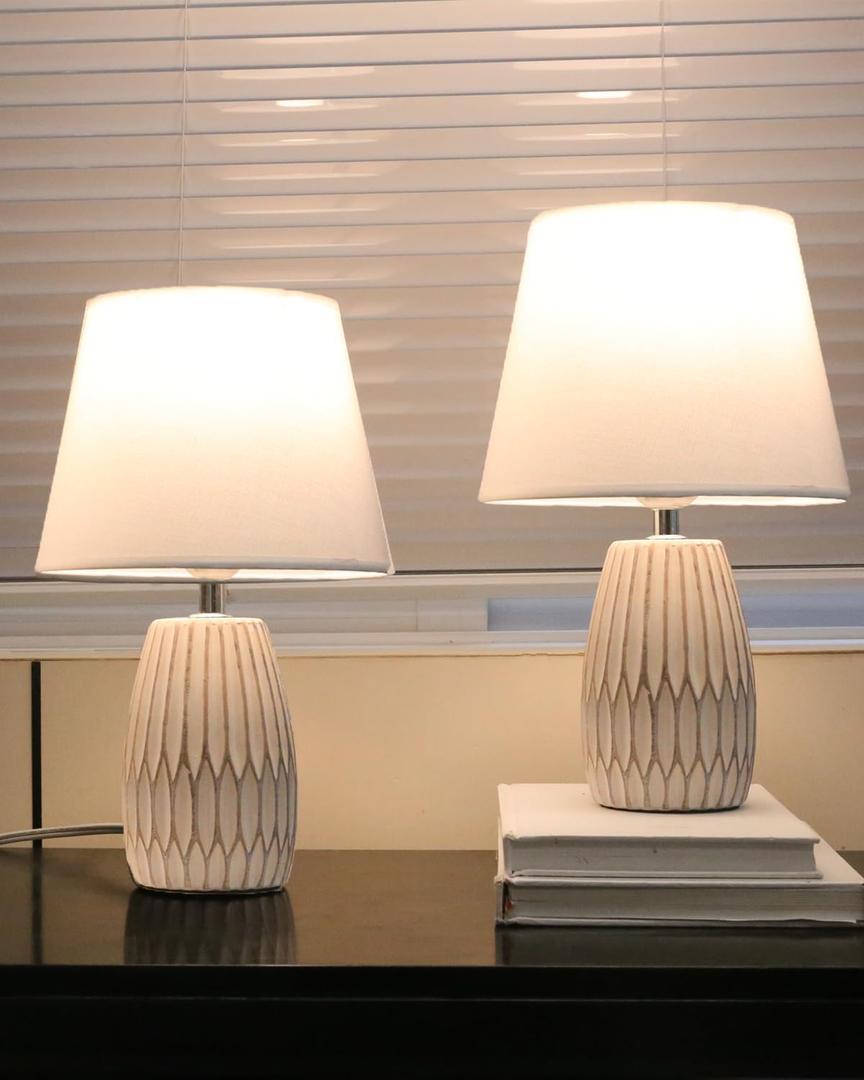 Small Table Lamp Set of 2, Boho White Lamps for Night Stands, Beside Lamp for Living Room, Beed Room, Kids Room, Kitchen, Minimalist Ceramic Side Table Lamp (Bulb Not Included)