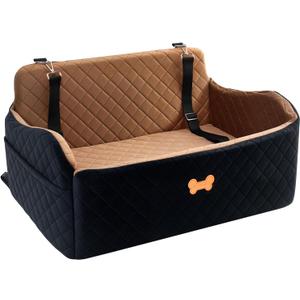 Car Seat for Large Size Dog, Booster Seat for Dogs Under 55 lbs or 2 Small Dogs, Soft Car Dog Bed Filling in Thick Memory Foam with 2 Safety Leashes and Storage Pocket (Brown/Black)