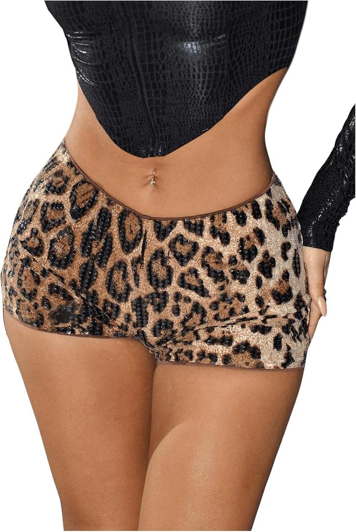 SHENHE Women's Glitter Sequin Leopard Shorts Low Rise Sexy Rave Club Outfits Booty Shorts Hot Pants (Large, Brown)