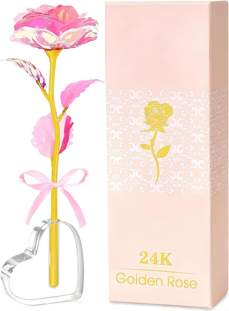 Valentines Day Rose Gifts for Her, Birthday Gifts for Women Mom Galaxy Rose Glass Forever Flowers with Heart-Shaped Base Eternal Crystal Roses Valentine Gifts for Grandma Wife Sister Girlfriend (Light Pink)