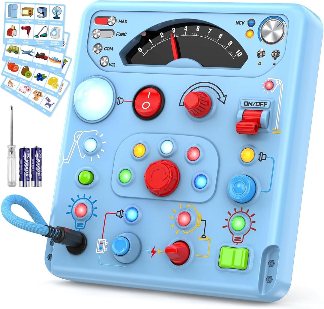 Busy Board Montessori Toys for Toddler 1 2 3 4 Year Old with 13 LED Lights, Sensory Toys Educational Learning for Toddlers 1-3, Activity Travel Toy Gifts for 1+ Year Old Boys and Girls