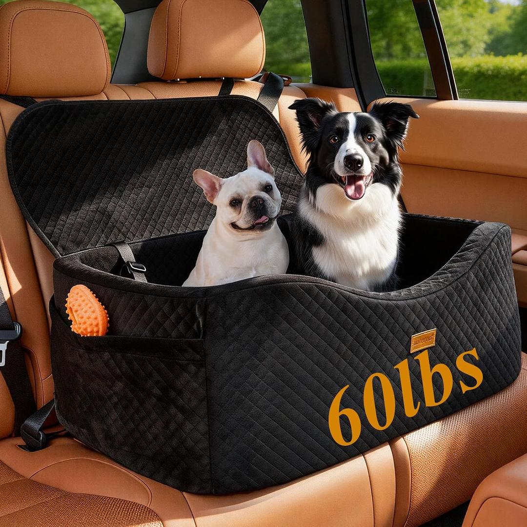 Large Dog Car Seat for Medium Sized, Dog Booster Car Seat, Pet Booster Seats up to 60 lbs or 2 Small with 4" Memory Foam for Back Seat, Triple Safety Belts, Storage Pockets, Detachable/Washable