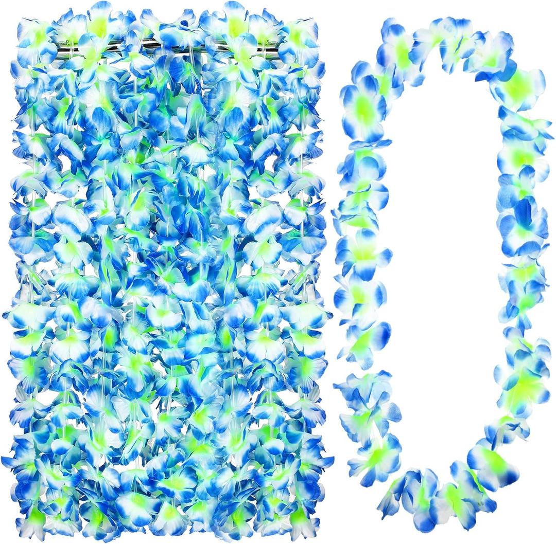 24 Counts Hawaiian Leis Necklace Tropical Flower Lei Floral Luau Party Decorations Hawaiian Flower Luau Necklaces Hula Dance Garland Headbands for Beach Birthday Wedding Party (Blue)