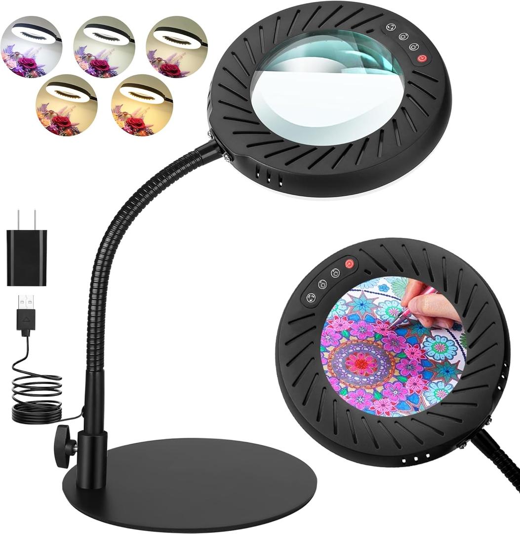 10X Magnifying Glass with Light and Stand, Flexible Gooseneck Magnifying Desk Lamp, 5 Color Modes Stepless Dimmable, Hands Free LED Lighted Magnifier for Painting Crafts Hobby Sewing Close Work