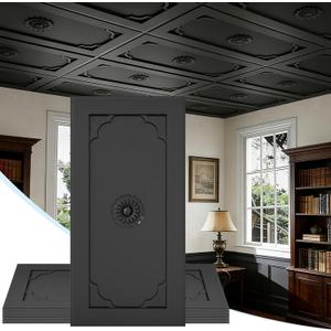 24 PCS 2x4 FT Black Floral Diamond Grid Decorative Ceiling Tiles, 24x48 Inch 3D Modern Minimalist Ceiling Panels, PVC Waterproof Cuttable Material Ideal for Living Room Bedroom Cover 192 Sq.Ft