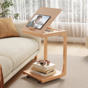C Shaped End Table for Couch, Bedside Table with Rolling Wheels, Wooden Couch Table Adjustable Desktop for Living Room, Bedroom, Natural