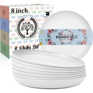 Homienly Wheat Straw Plates, 8 Inch Dessert Plates Set of 8, Unbreakable White Round Plate - Alternative to Plastic Plates, Lightweight Microwave and Dishwasher Safe Plate Set for Camping - White