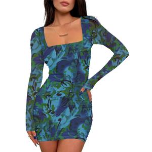 Prinbara Womens Mesh Long Sleeve Square Neck Ruched Mini Dress Sexy Bodycon Elegant Cocktail Evening Club Party Short Dresses Floral Deep Green X-Small