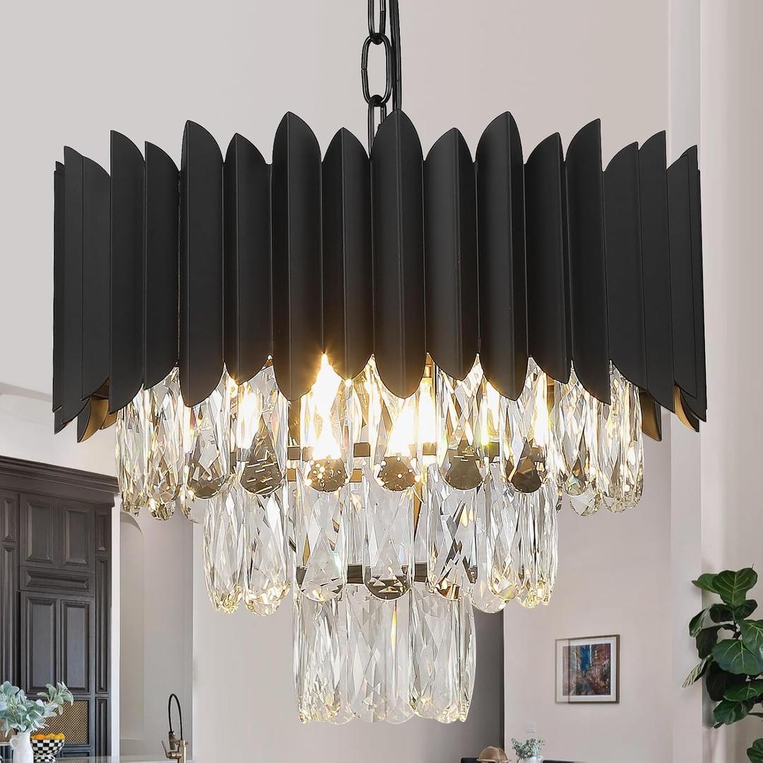 A AXILIXI Crystal Chandeliers Contemporary Small 16 Black Ceiling Pendant Light Fixture 3 Tiers Flush Mount Round Chandeliers Vintage for Dining Room Foyer Kitchen Entryway