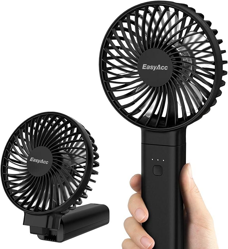 EasyAcc Portable Handheld Fan - Silent Powerful Fan with 5 Speeds,USB-C Rechargeable Battery,Ultra Quiet Washable Guard, Foldable,Portable Cooling for Travel Outdoor (Ideal Gift for Men, Women)