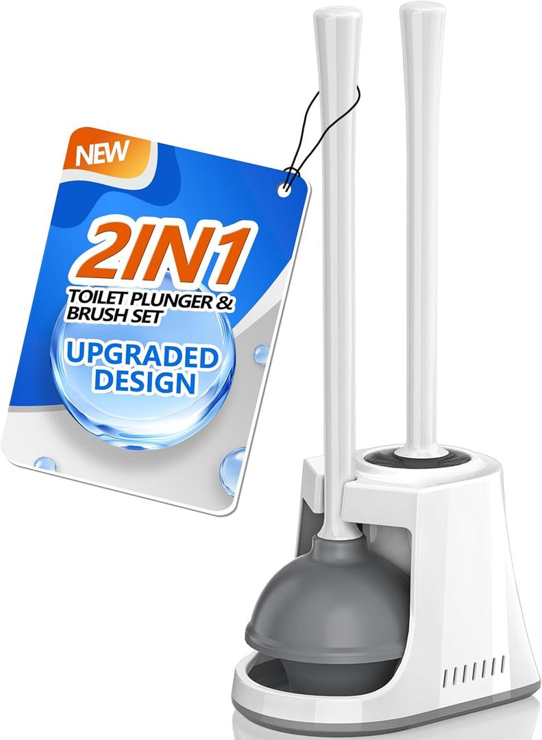 LOVLOY Toilet Plunger and Brush, Bowl Brush and Heavy Duty Toilet Plunger Set with Ventilated Holder, 2-in-1 Toilet Brush and Plunger Combo for Bathroom Cleaning (2 Pack, White)