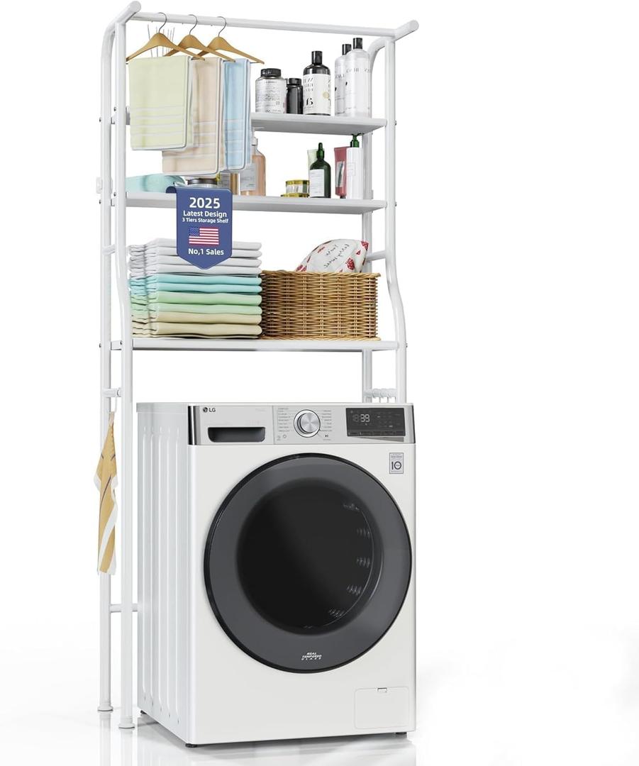Over The Washer and Dryer Storage Shelf, 3 Tier Laundry Room Metal Drying Rack with Towels Hangers, Space Saver Organizer for Hanging Clothes and Towels (Metal White IO2)