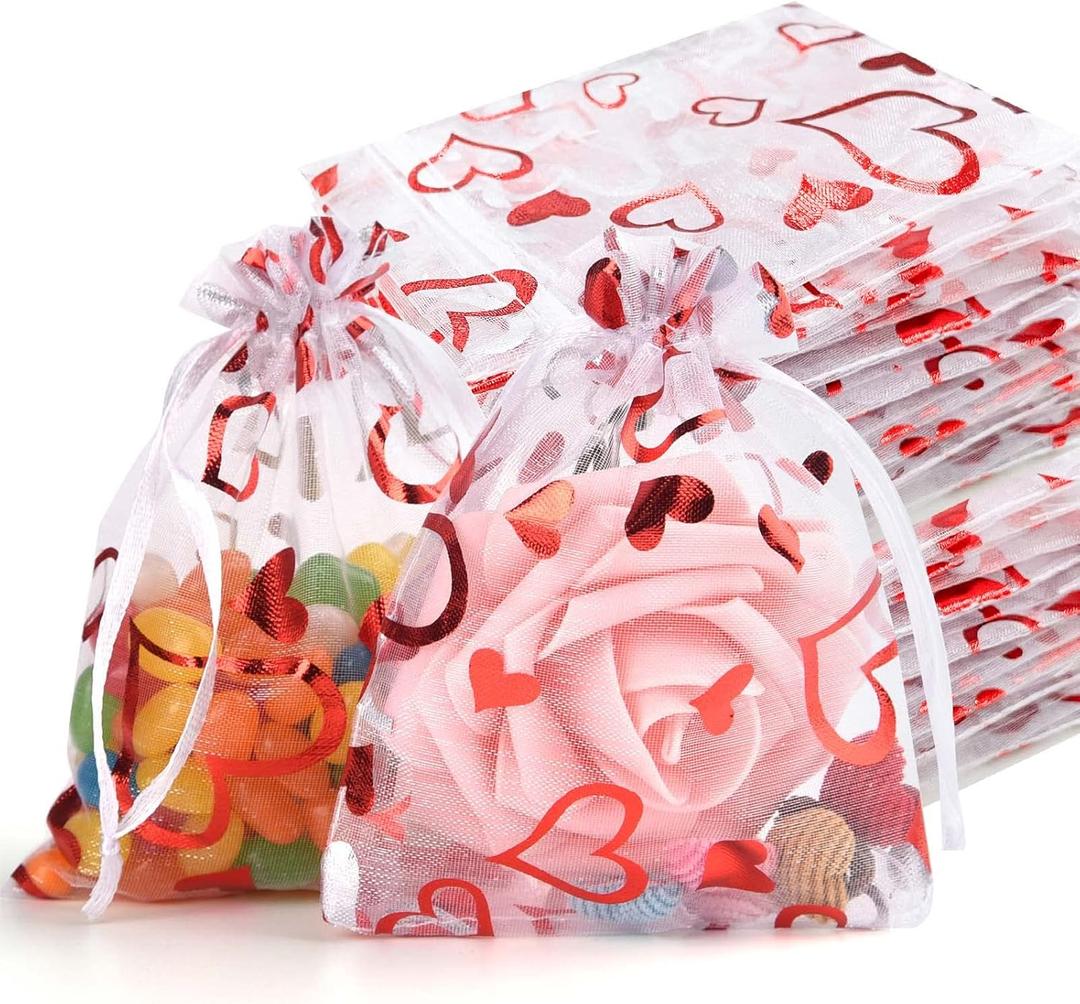 TUPARKA 120 Pcs Valentine's Day Gift Bags Love Heart Organza Bags Drawstring Pouches for Jewelry Packaging Wedding Gift Bags Party Favor Bags (Red hollow heart)