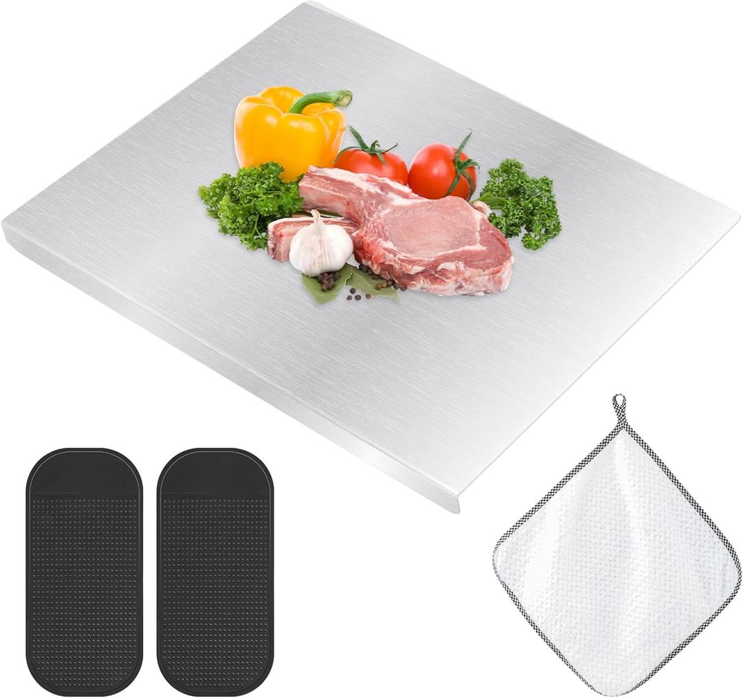 Stainless Steel Cutting Board with Counter Lip for Kitchen, Double-Sided Metal Chopping Board Over Sink with Silicone Mat and Rag for Countertop Cutting Meat,Vegetables(40x30cm)
