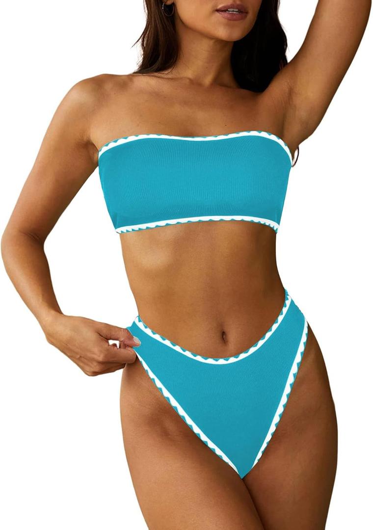 ZAFUL Women Strapless Textured Bandeau Bikini 2 Piece Swimwear Cheeky Solid Lace up Bathing Suits (Large, 4-Blue-Teeth)