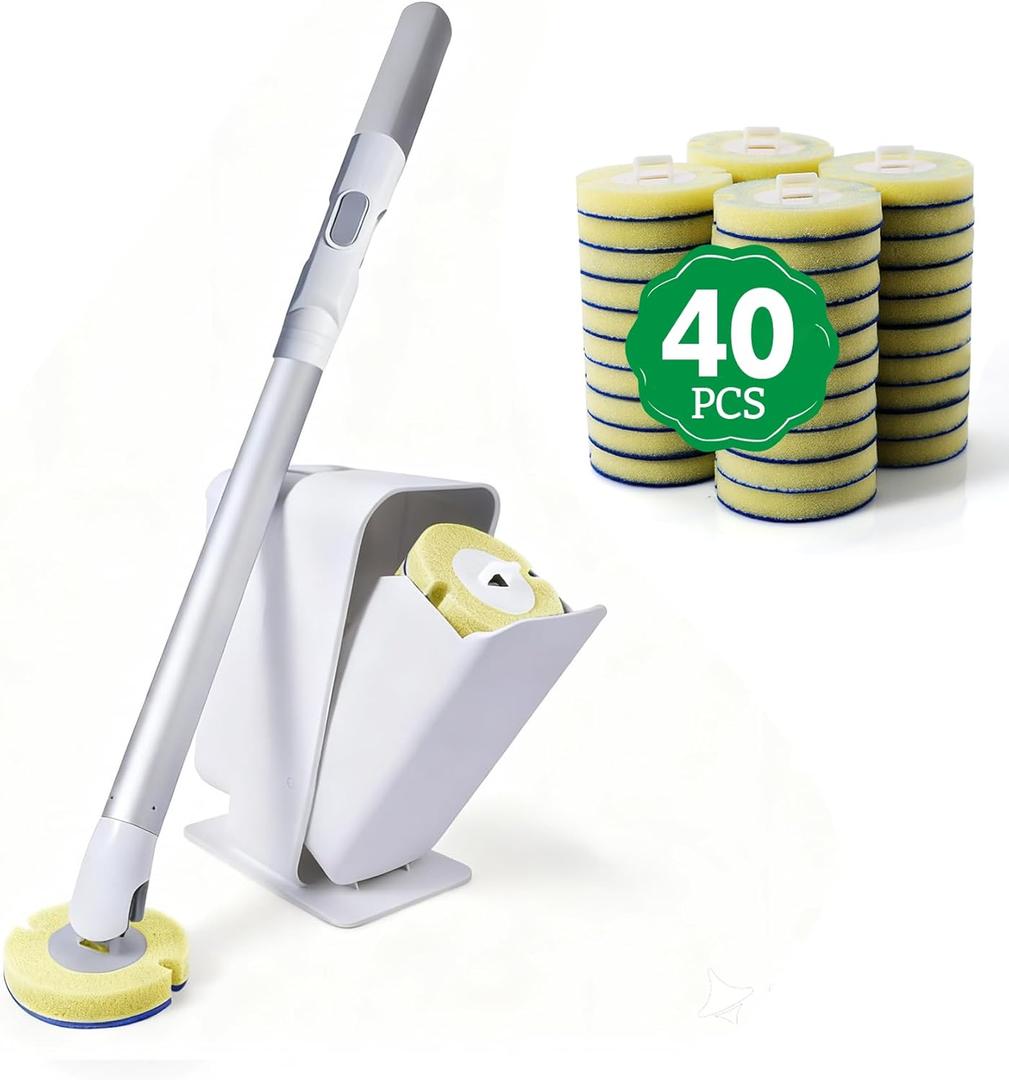 Eyliden Toilet Bowl Wand Kit with 40 Refills, Disposable Toilet Brush with Pre-Soaked Sponge Heads, Hands-Free Click Mechanism, Wall-Mount Holder, Bathroom Toilet Scrubber, White