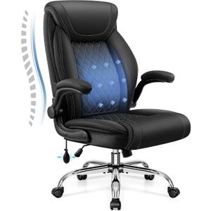 Office Chair, Big and Tall Ergonomic Desk Chair, Executive Leather Computer Chair with Adjustable Lumbar Support, Comfy Gaming Chair with Flip Up Arms, Swivel PC Chair with Rocking Function, Black, 1 Pack