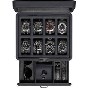 ROTHWELL 8 Slot Leather Watch Box with Valet Drawer - Luxury Case Display Jewelry Organizer, Locking Display Case Holder with Real Glass Top - Watch Box Organizer for Men & Women (Carbon)