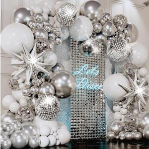 ALL-IN-1 Disco Balloon Arch Kit with BONUS Disco Ball Balloon for Party Decorations - Silver & White Balloons Garland for Disco Ball Party Decoration & Silver Party Decorations -Disco Balloons