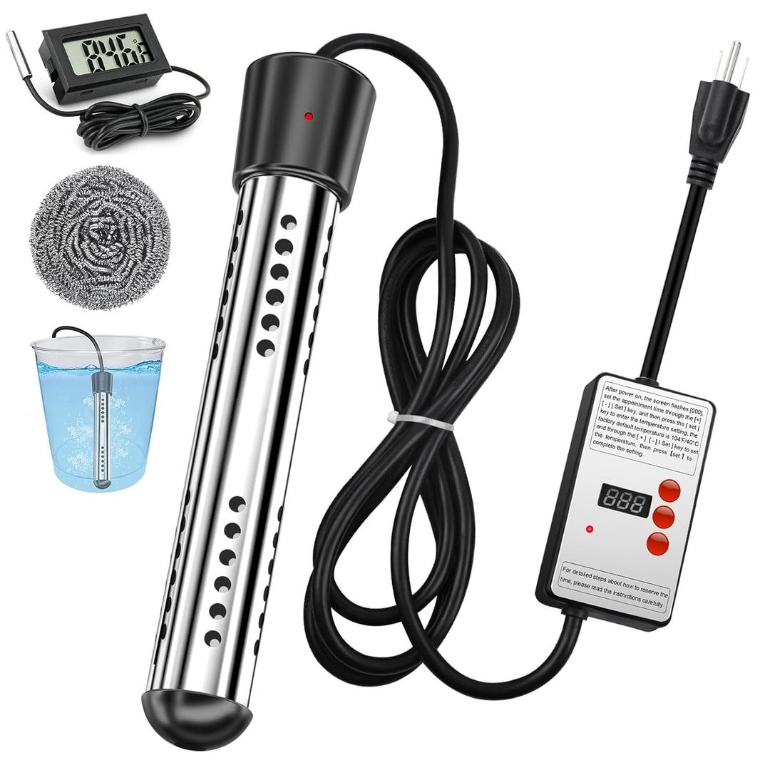 Immersion Water Heater, 2000W Portable Electric 304 Stainless Heaters with Guard Cover - LCD Thermometer for Above Ground Inflatable Pool Tub Buckets Motorhome Camping Outdoor