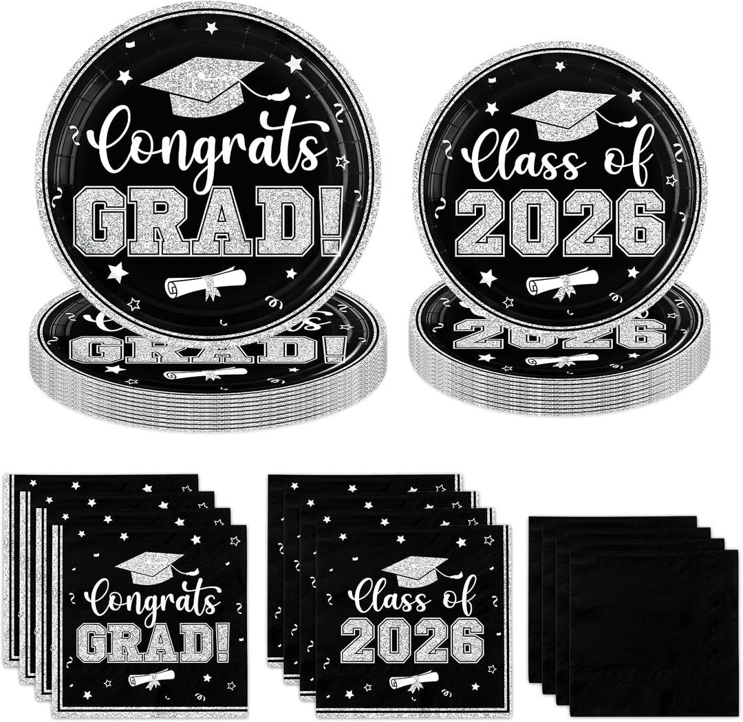 Graduation Plates and Napkins 2026,Black and Silver Graduation Decorations 200pcs Graduation Paper Plates and Napkins Graduation Party Supplies for Graduation Party Decorations,Serve 50