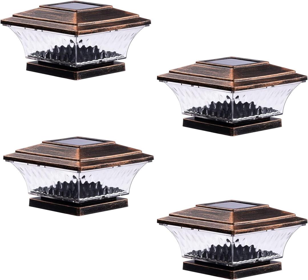 HUYIENO Solar Post Cap Lights Outdoor LED Lighting Deck Fence Cap Light Two Light Modes Warm White/Bright White Suitable for 4x4 Wooden Posts Brushed Copper 4PK