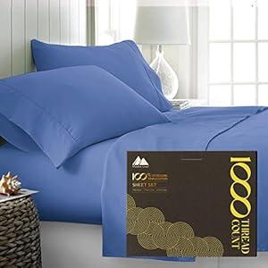 1000 Thread Count Best Bed Sheets 100% Egyptian Cotton Sheets Set - Deep Blue Long-staple Cotton California King Sheet For Bed, Fits Mattress Upto 16'' Deep Pocket, Soft & Silky Sateen Weave Sheets