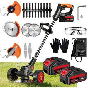 21V Cordless Weed Wacker, 2×4.0Ah Battery Powered Weed Trimmer, Electric Weed Eater with 3 Types Blades, Adjustable Cutting Height & Angle, Brush Cutter & Edger Lawn Tool for Garden Yard Care