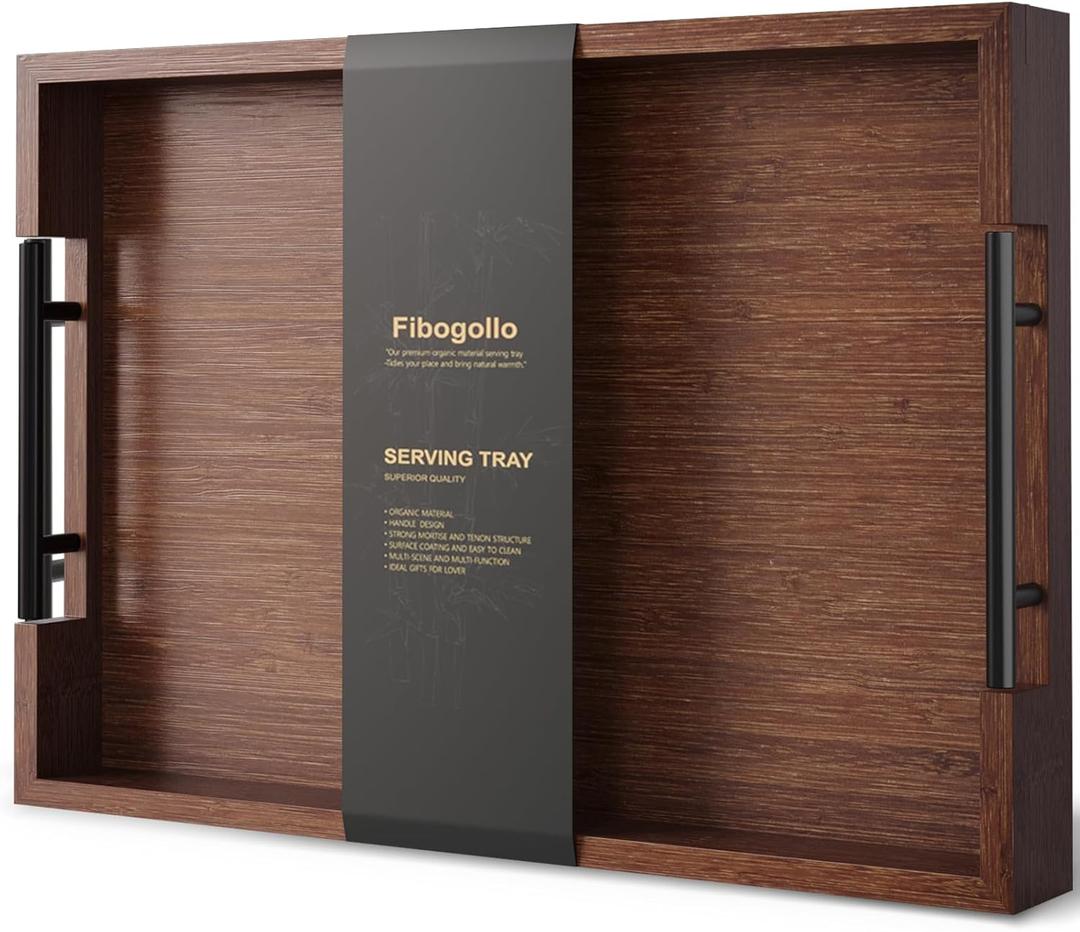 Bamboo Serving Tray with Metal Handles,17x12in Ottoman Decorative Trays Platter for Coffee Table,Living Room,Bar,Party,Large(Brown)