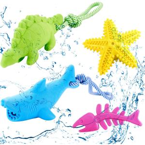4 Pack Floating Dog Toys for Aggressive Chewers Summer Interactive Fetch Games Natural Teeth Cleaning for Small Medium Dogs Shark Dino Fish Starfish Set