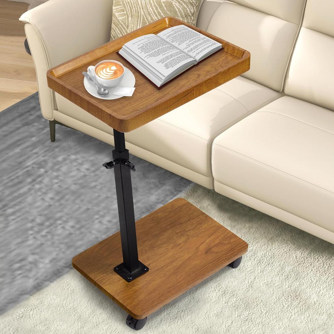 Aoligrace C Shaped End Table Adjustable Height, 360 Swivel Side Table with Wheels, Small TV Tray C Table for Living Room Bedroom, Couch Tables That Slide Under for Sofa Bed Chair (Wood)