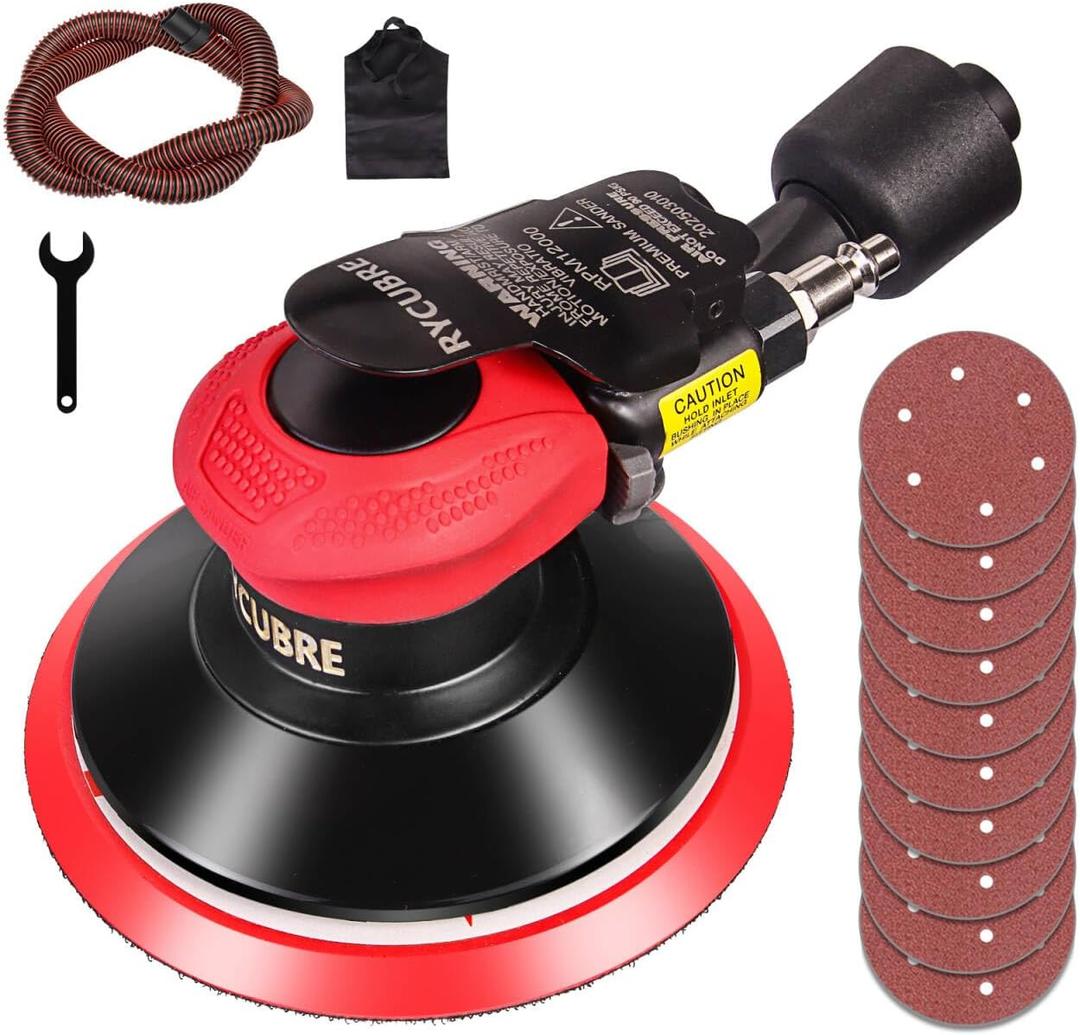 Air Sander with vacuum  6 Inch DA Palm Sander for auto body, High-Speed Random Orbital Pneumatic Sander for Woodworking & Auto Polishing (including 12 sandpaper + accessories)