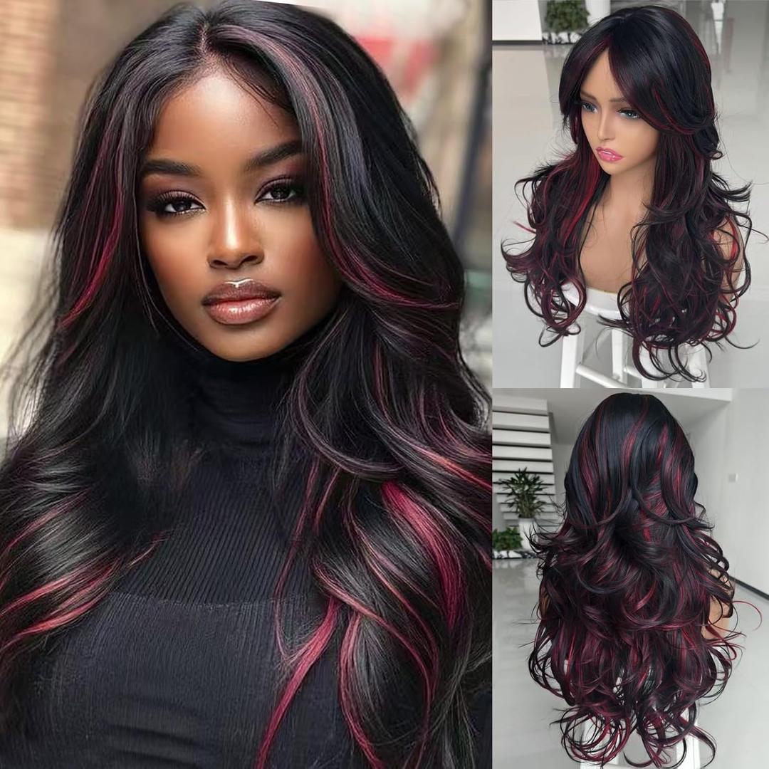 Aisaide Highlight Red Mixed Black Wig Long Layered Burgundy Black Wig with Curtain Bangs for White Balck Women Synthetic Layered Wavy Shaggy Wigs for Women 24inch 1B/RED
