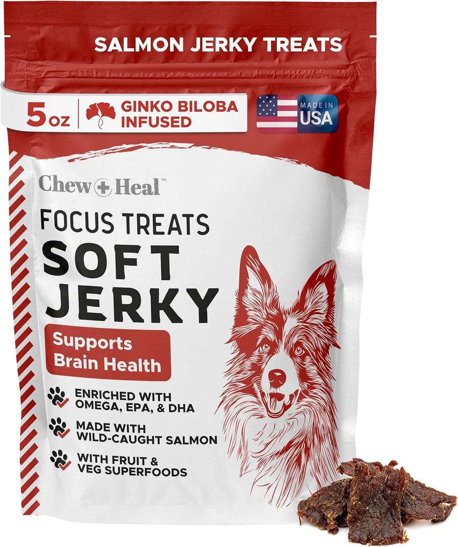 Chew + Heal Labs Dog Salmon Jerky Treats with Cognitive Support - 5 oz of Wild Caught Salmon Jerky Dog Treat - Made with Gingko Biloba, Blueberries, Cranberries, Pumpkin, and More - Made in The USA (5 Ounce (Pack of 1), Best By 02/12/2026