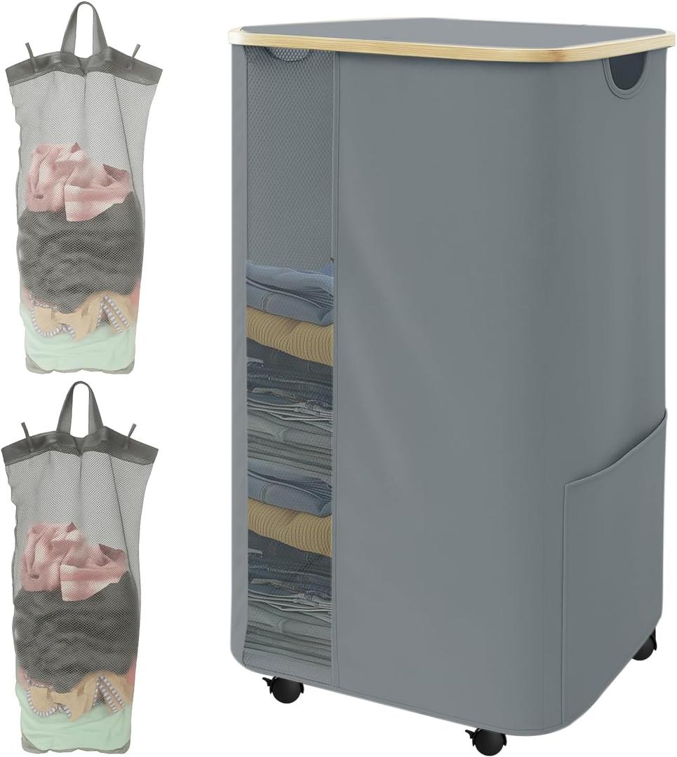 Rolling Laundry Hamper with Lid & Wheels, 110L Slim Double Grey Laundry Hamper 2 Section, Narrow Large Laundrys Hampers with Removable Bags&Breathable Mesh, Dirty Clothes Hampers for Bedroom
