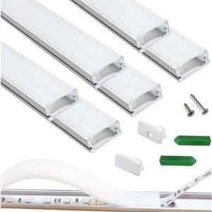 THMOOTHER LED Strip Pre-Drilled White U Channel Diffuser 6-Pack 3.28FT,Surface Mounted Tape Light Aluminum Track with Continuous Silicone Cover. Flush Installed Low Profile (White, 6X3.3FT)
